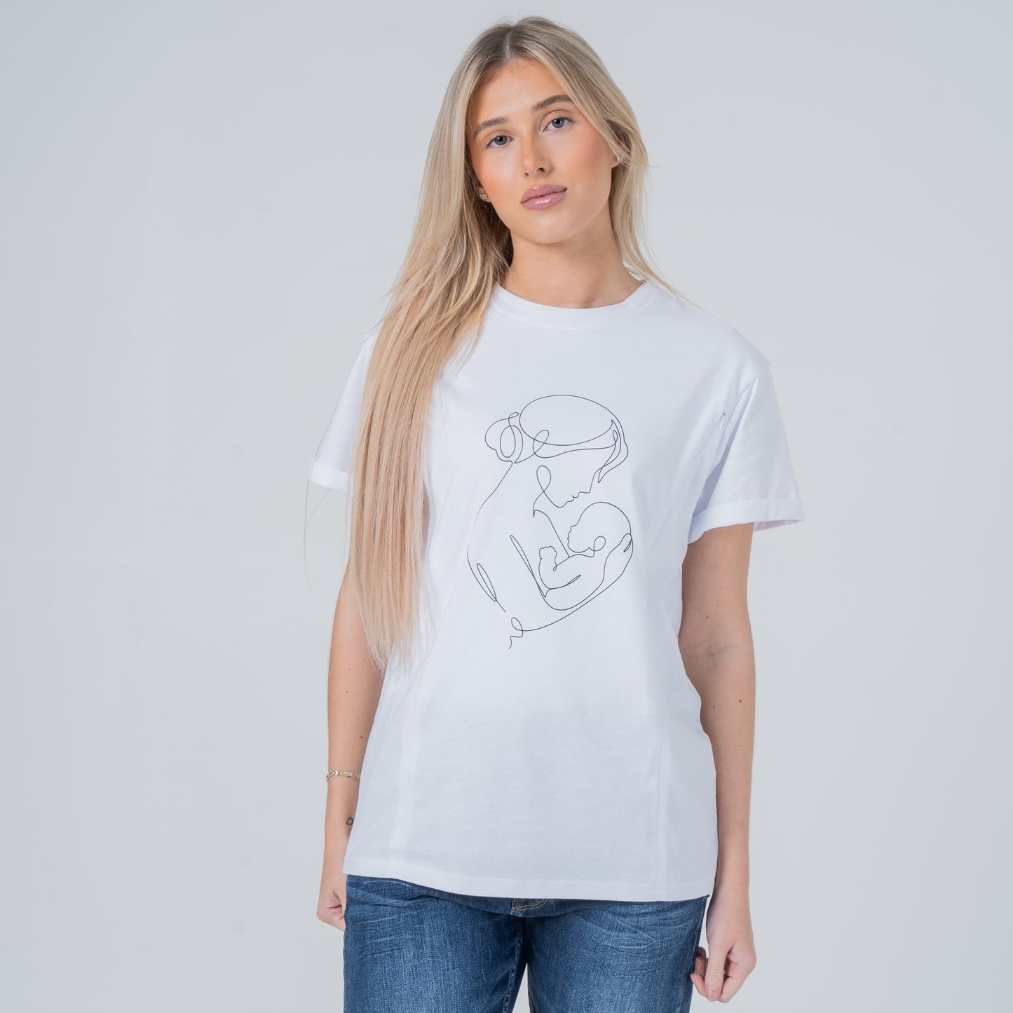 woman wearing milkmates motherhood white line art nursing tee front